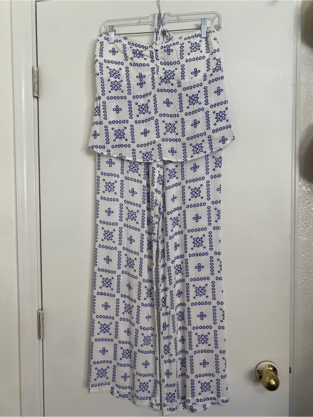 Women's White Strapless Jumpsuit with Blue Print